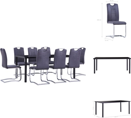 vidaXL Ensemble de salle à manger de Jardin - Zwart - 180 x 90 x 75 cm - Verre trempé et métal - 8x Chaise de jardin grise - Daim artificiel - Acier - Set table et chaises