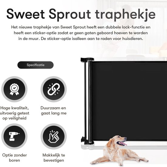 Zwart oprolbaar hekje met hond, en iconen voor hoge kwaliteit, duurzaamheid en eenvoudige bevestiging.