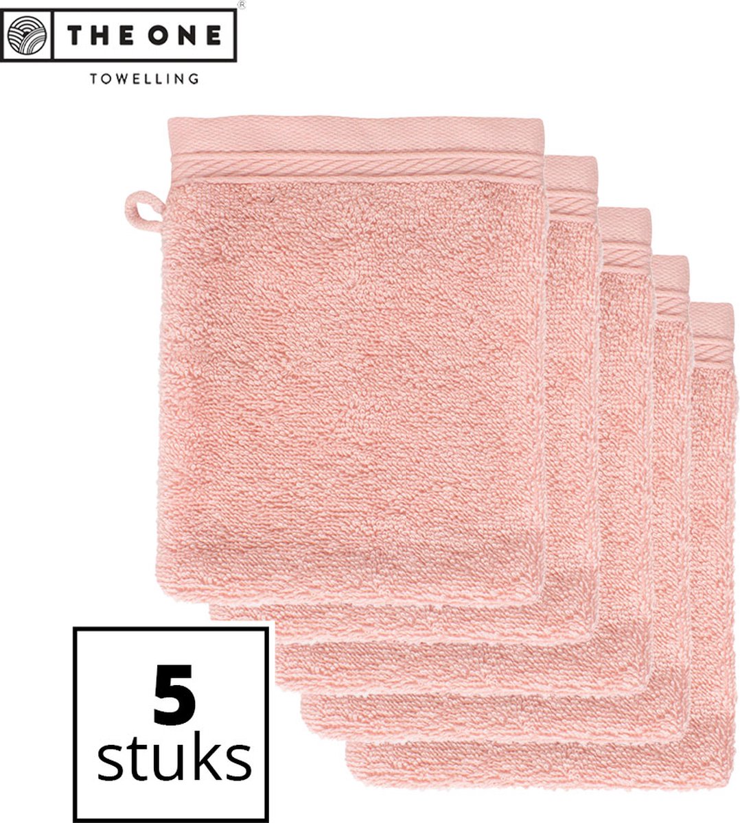 The One Towelling Washandjes - Voordeelverpakking - 100% organisch katoen - Met ophanglus - 550 gr/m2 - 16 x 21 cm - Zalmroze - 5 Stuks