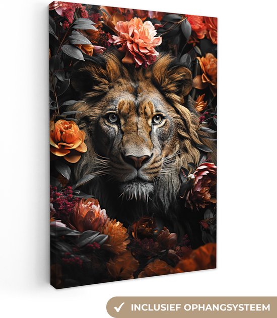 Canvas schilderij 60x90 cm - Leeuw bloemen - Kamer decoratie accessoires - Schilderijen woonkamer - Wanddecoratie dieren slaapkamer - Muurdecoratie keuken - Wanddoek interieur binnen - Woondecoratie huis kleurrijk