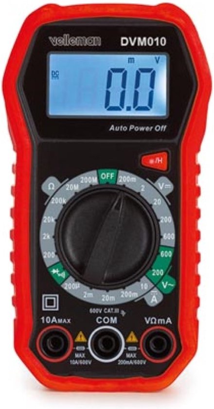 Velleman Digitale multimeter, geschikt voor het meten van AC/DC-stroom, AC/DC-spanning, weerstand, transistor, diodes en continuïteit, inclusief meetsnoeren