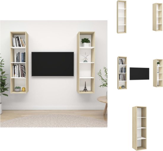 vidaXL Tv-meubelset - Wandmontage - 37x37x142.5 cm - Wit/Sonoma eiken - 2 stuks - Kast