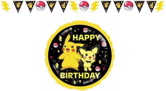 Pokemon - Vlaggenlijn - Folie ballon Happy Birthday - Versiering - Kinderfeest.