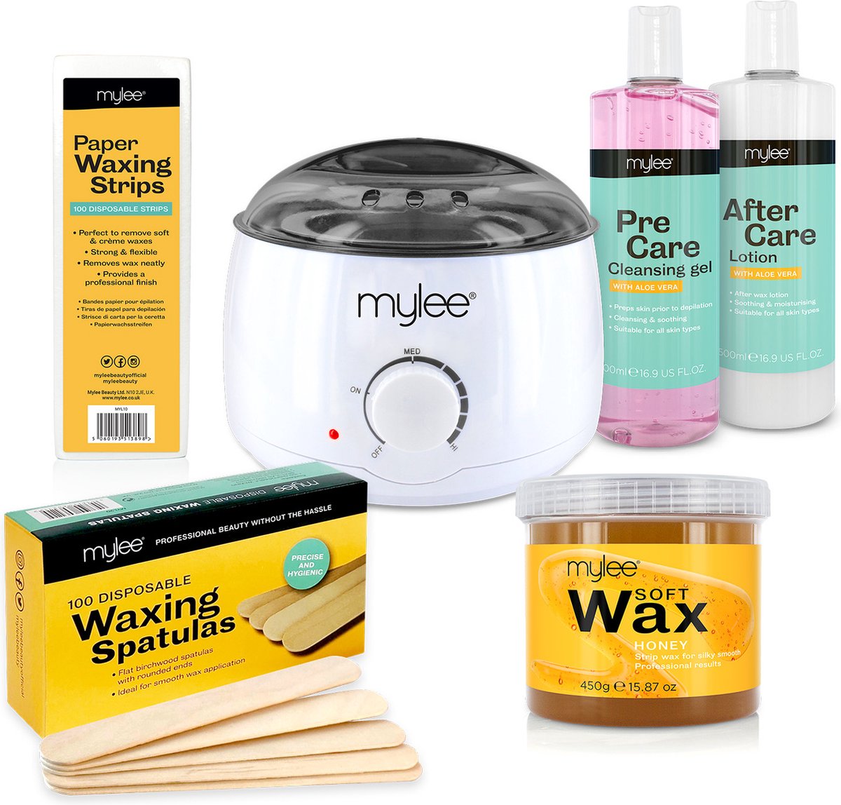Mylee Complete Waxing Kit, inclusief salonkwaliteit Waxverwarming, zachte crèmekleurige was, wax strips, spatules en Mylee Pre & After Care Lotion (honing)