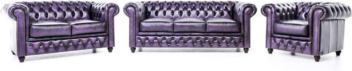 Chesterfield Bank Original Leer | 1 + 2 + 3 zits | Antiek Paars | 12 jaar garantie