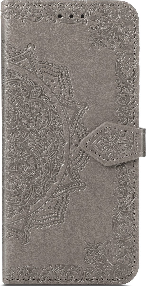 Mobigear Telefoonhoesje geschikt voor Samsung Galaxy S21 FE Hoesje | Mobigear Mandala Bookcase Portemonnee | Pasjeshouder voor 3 Pasjes | Telefoonhoesje voor Pinpas / OV Kaart / Rijbewijs - Grijs