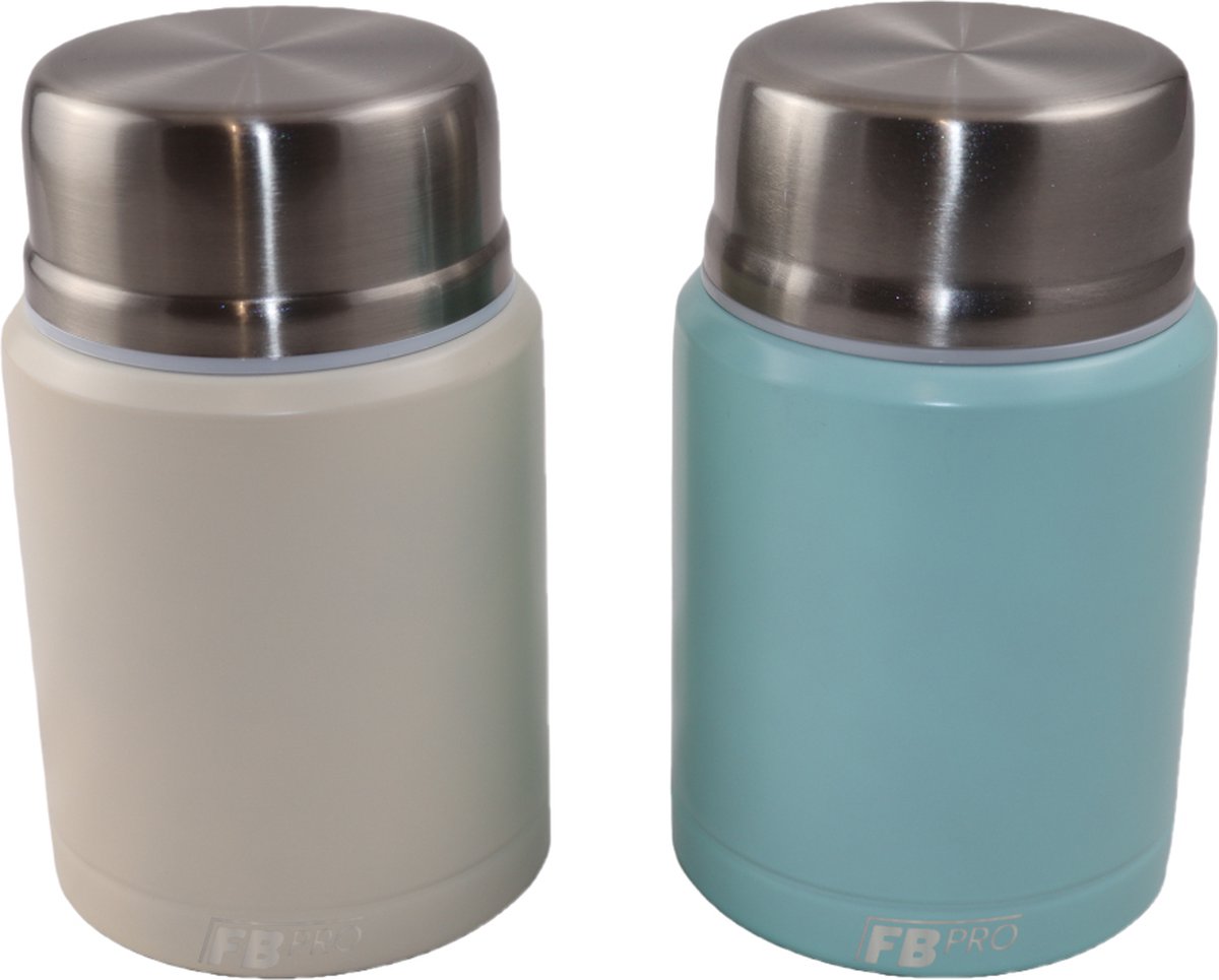 Voedselcontainer voor elkaar compacte thermosbeker thermos container lichtblauw en ivoorwit thermoskan voor eten en drinken RVS lepel inbegrepen ook voor soep koffie en meer! overal eten warmhouden lunchbox voor iedereen