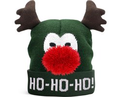 JAP Kerstmuts met hoorntjes en 3d neus - Volwassenen en kinderen - Rudolf het Rendier - Groen