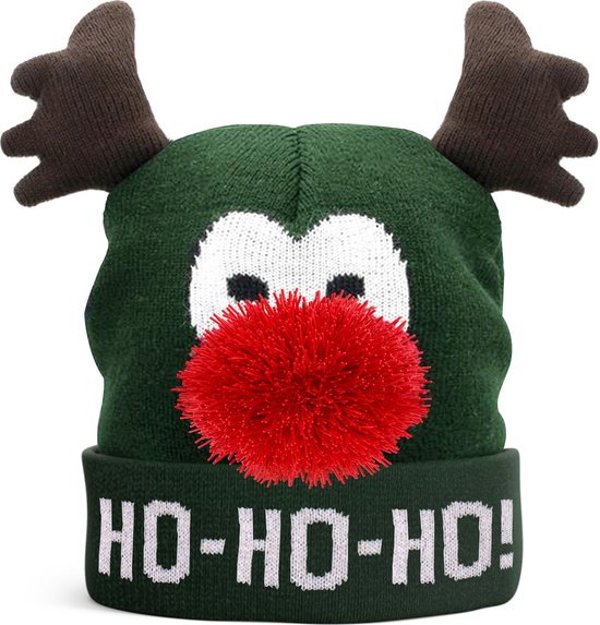 JAP Kerstmuts met hoorntjes en 3d neus - Volwassenen en kinderen - Rudolf het Rendier - Groen