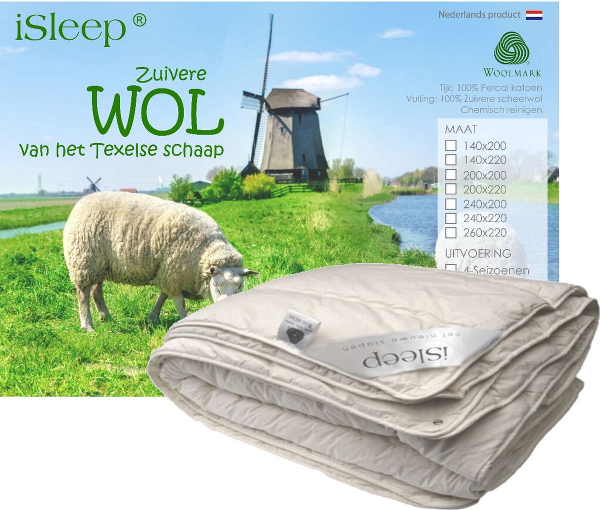 ISleep Wollen 4-Seizoenen Dekbed 100% Wol Eenpersoons 140x220 cm