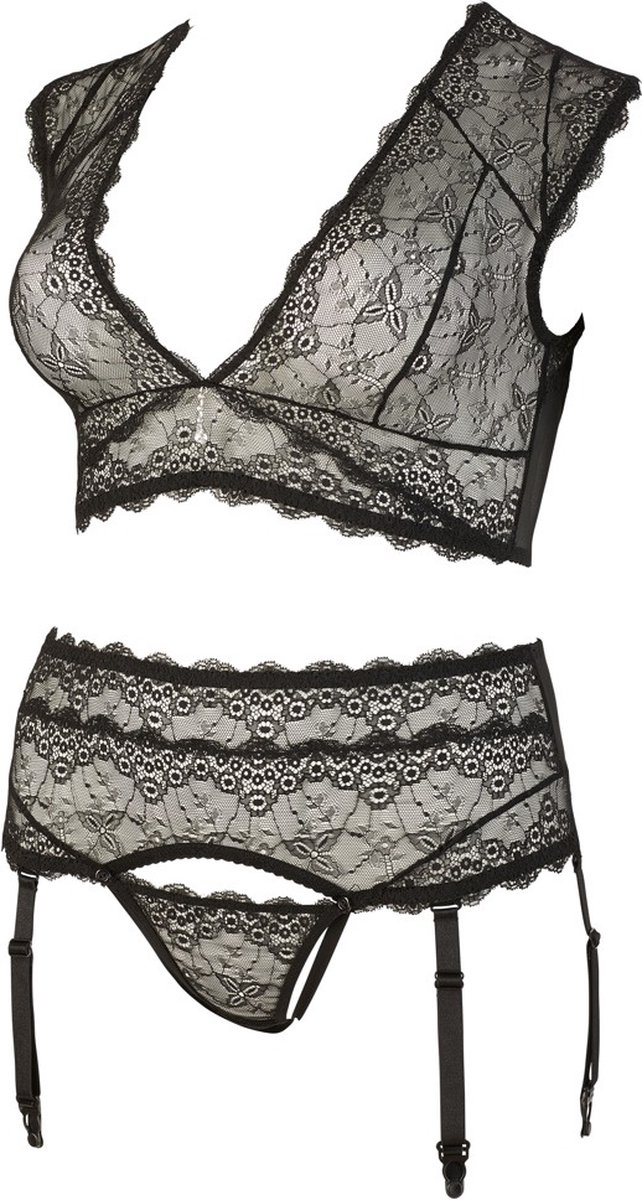 Goedkoopste Cottelli Plus Size – Jarretel Lingerie Set met Strass Element en Prachtige Kanten Borduursels – Maat 4XL – Zwart