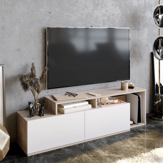 Emob- TV Meubel Modern TV-meubel met Planken | 100% Gemelamineerd | Cordoba Wit - 150cm - Bruin