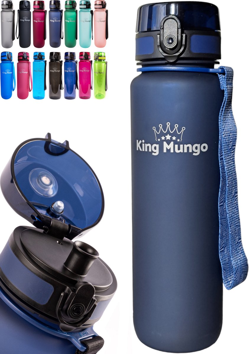 Drinkfles 1 Liter Waterfles 100% Lekvrij BPA vrij Volwassenen Kinderen Waterflessen 1L - Donkerblauw - King Mungo drinkflessen