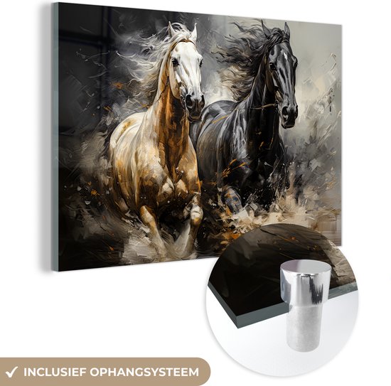 MuchoWow® Peinture sur verre 90x60 cm - Peinture sur verre acrylique - Paarden - Zwart - Wit - Animaux - Photo sur verre - Décoration murale salon - Décoration murale chambre - Peintures