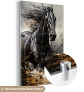 Glasschilderij 100x150 cm - Zwart paard - Foto op glas - Woonkamer schilderij paarden - Schilderijen slaapkamer goud - Zwarte kamer decoratie glasplaat - Wanddecoratie glasschilderijen - Muurdecoratie dieren