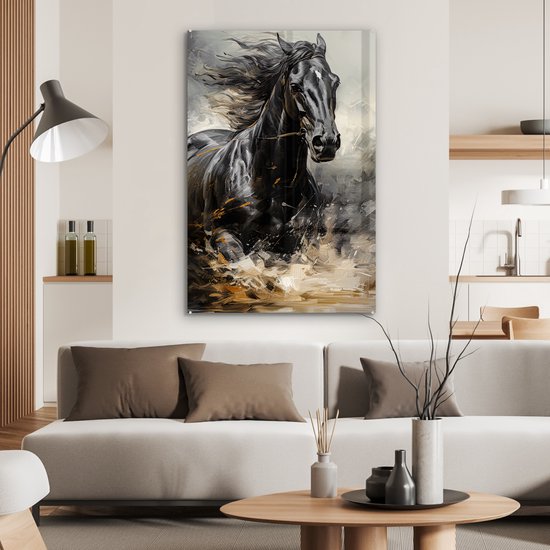 MuchoWow© Canvas Schilderij 70x50 cm Kamer Decoratie Woonkamer Schilderijen Slaapkamer Room Decor Wanddecoratie Wall Art Painting Schotse hooglander - Close up - Horens - Vacht - Zwart Wit