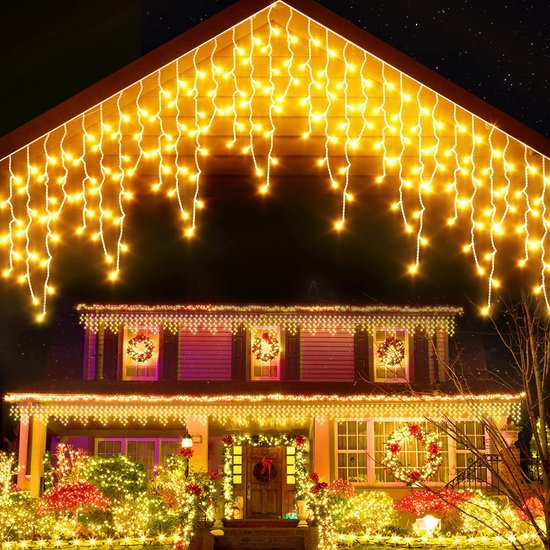 Veelzijdige LED-Ijspegelkerstverlichting voor Binnen en Buiten - 400 LEDs, 32,8 Voet Lang, 8 Verlichtingsmodi, met Uitbreidbare Lengte, Timer en Geheugenfunctie, Ideaal voor Feestelijke Decoratie, Bruiloften en Kerstmis (Warmwit)