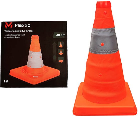 Oranje inklapbare verkeerskegel van 40 cm met reflecterende band, naast de verpakking.