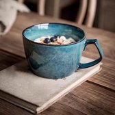 Grote soepkom met handvat, 700 ml koffiemok, ontbijtkom voor ontbijtgranen, geschikt voor melkdesserts, havermout, magnetronbestendig (blauw)