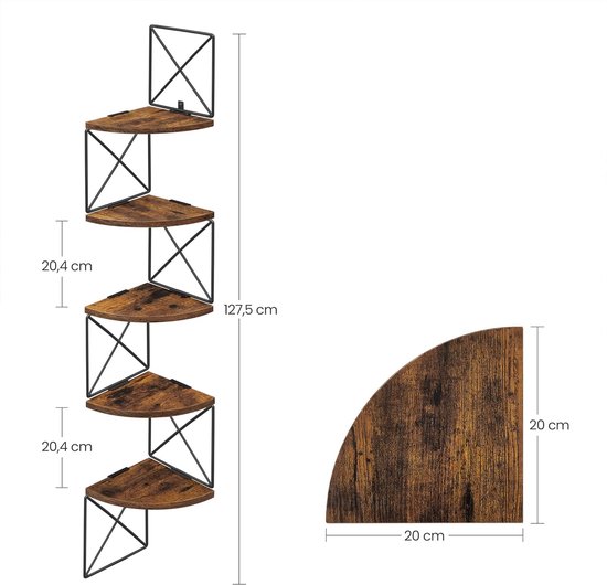 Hoekplank, wandplank, 5 niveaus, boekenkast, eenvoudige montage, voor slaapkamer, woonkamer, studeerkamer, badkamer, vintage bruin-zwart LLS851B01 - Ff