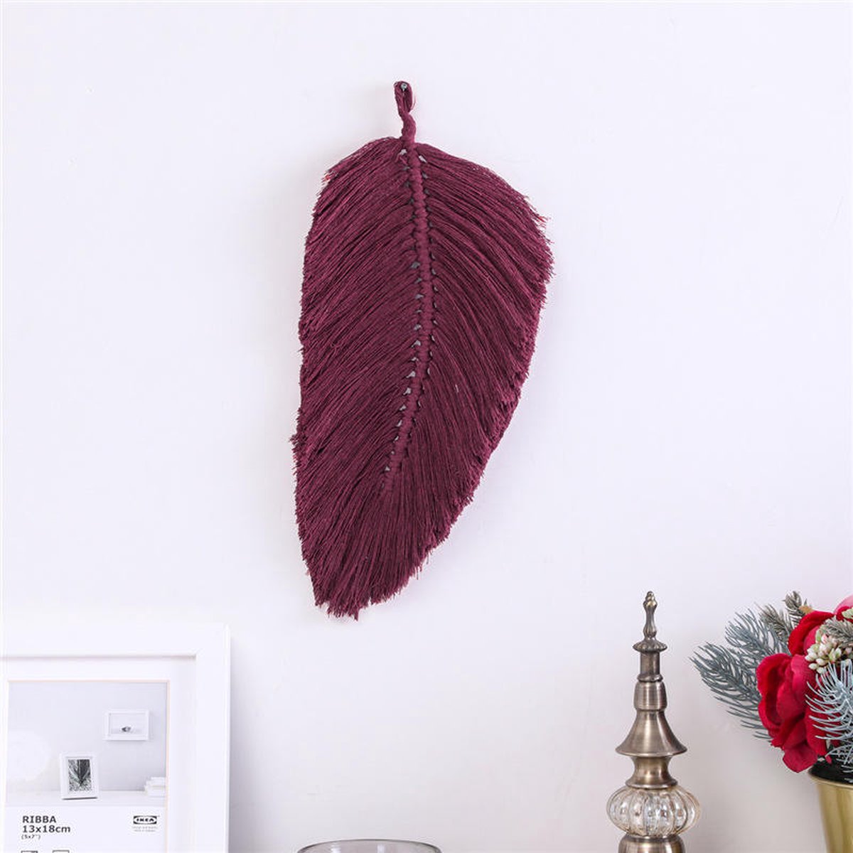 Handgemaakte Veer | Macramé | 30cm bij 15cm | Hoogwaardige Kwaliteit | Rood