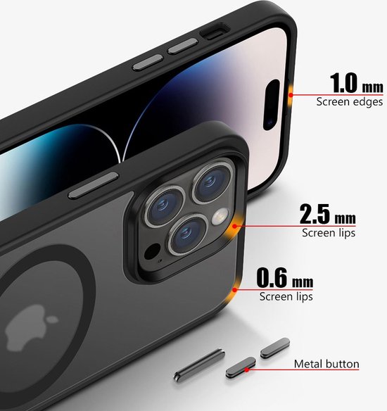 Zwarte matte telefoonhoes met magnetische cirkel, toont 1.0mm schermranden, 2.5mm schermlipjes en 0.6mm schermlipjes.
