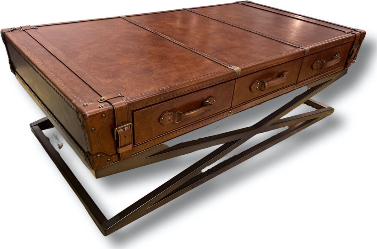 LEREN KOFFER SALONTAFEL EXCLUSIEVE HANDGEMAAKT IN 100% LEDER SUITCASE VINTAGE COGNAC LOOK TAFEL