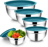Mengkom, 5-delige roestvrijstalen blauwe saladeschaalset met deksel voor in de keuken, stapelbaar, veelzijdig, vaatwasmachinebestendig, 4,5 L / 2,7 L / 1,5 L / 1,2 L / 0,7 L.