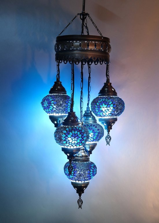 5 ampoules globe lampe suspendue turque lustre oriental verre mosaïque bleu