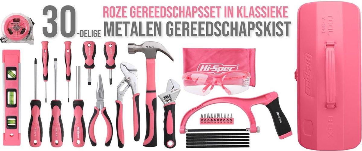 30-delige roze gereedschapsset met metalen kist: toolset met hamer, schroevendraaiers, tang, sleutel, zaag & meer voor thuisreparaties — cadeau in Tuin & Klussen - foto 3