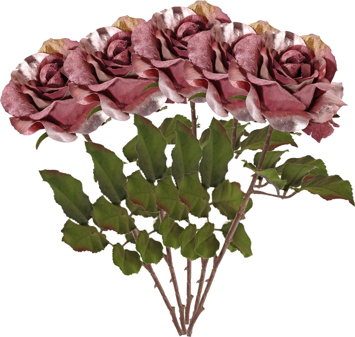 Top Art Kunstbloem roos Glamour - 5x - donker roze - satijn - 61 cm - kunststof steel - decoratie bloemen Donkerroze