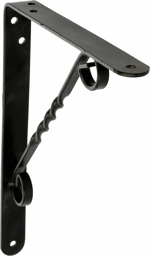 Équerre décorative en métal noir avec torsion et anneau.