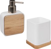 Badkamer/toilet accessoires set - tandenborstelhouder en zeeppompje - wit - bamboe - 200 ml