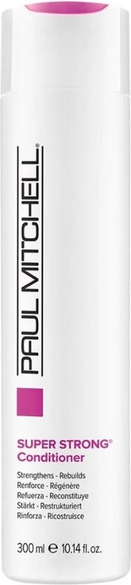 Witte fles Paul Mitchell Super Strong Conditioner 300 ml met roze accenten.