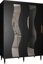 Zweefdeurkast met spiegel Kledingkast met 2 schuifdeuren Garderobekast slaapkamerkast Kledingstang met planken | elegante kledingkast, glamoureuze stijl (LxHxP): 150x208x62 cm - CAPS SEW (Zwart, 150 cm) met lades