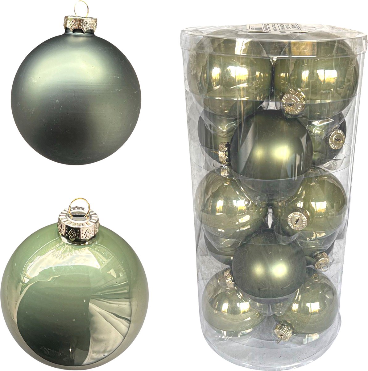Pistache groene kerstballen set van 15 - 8CM - Glans en Mat mix -GLAS - kerstboomversiering - Groen