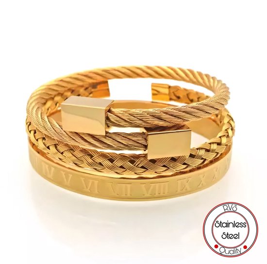 Luxe Armbanden Set 3-Delig | Goudkleurig | Klemarmband | Goudkleurige Armbanden | Armband Mannen | Armband Heren | Mannen Cadeau voor Man Cadeautjes | Vaderdag | Vaderdag Cadeau | Valentijn | Valentijnscadeau
