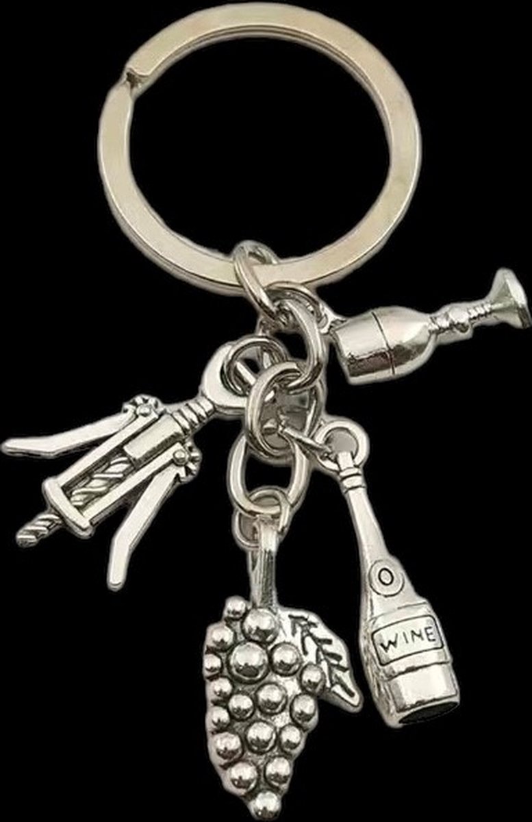 Sleutelhanger Wijnfles/Druif/Opener/Glas ( Zilverkleurig) 3.4 x 3.2 cm