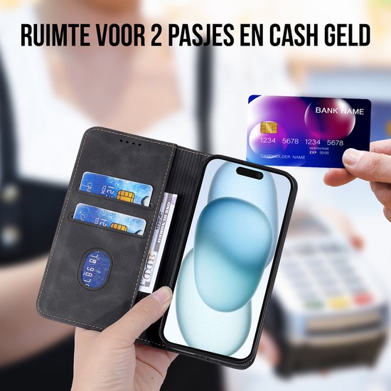 Zwarte walletcase met ruimte voor 2 pasjes en geld, met iPhone en bankpas.