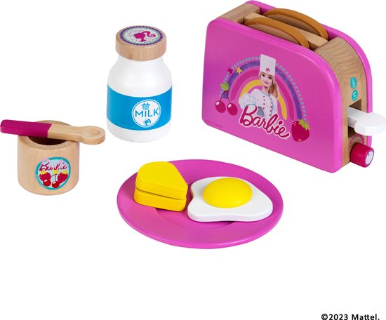 Foto: Klein toys barbie broodrooster incl diverse ontbijt accessoires hout van duurzame gecertificeerde teelt roze