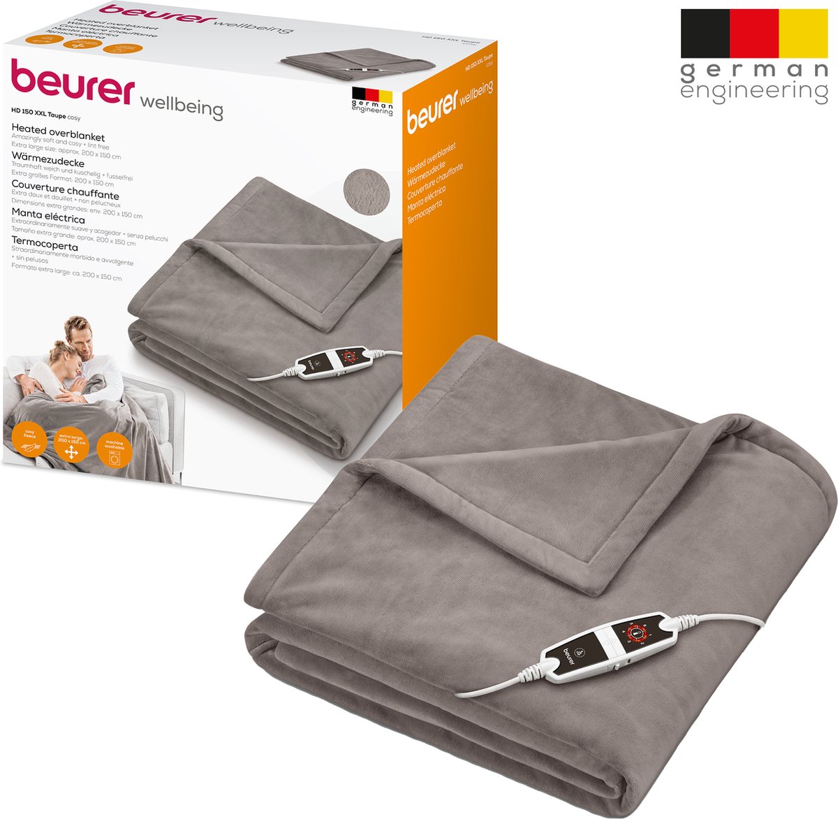 Afbeelding 2 van Beurer Elektrische Bovendeken XXL - 200x150 cm - 2 Persoons Elektrische Deken - Warmtedeken - Zacht Fleece - HD 150 XXL - Taupe