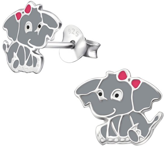 Joy|S - Zilveren olifant oorbellen - 10 x 9 mm - grijs met roze strikje - oorknoppen voor kinderen