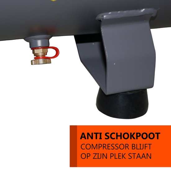 Detail van de anti-schokpoot van een grijze compressor.