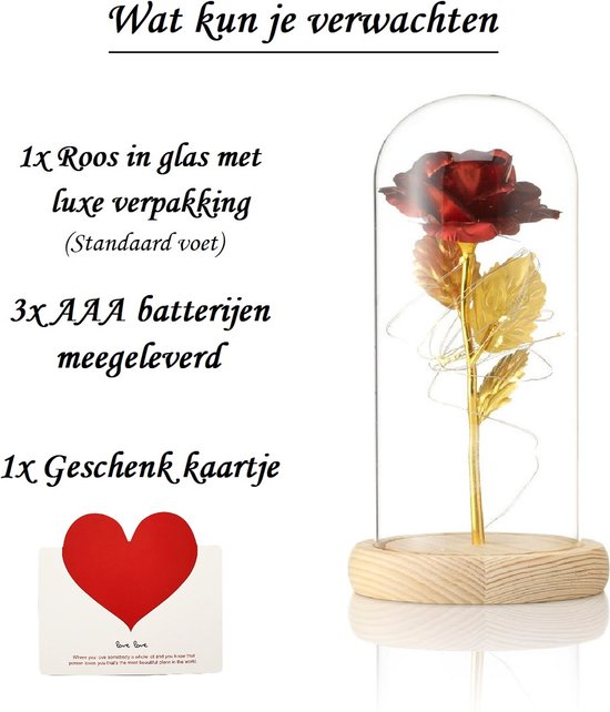 Rose en Glas avec LED - Rose dorée dans une cloche en Verres - Connu de la Beauty et la Bête - Cadeau pour une amie mère elle - Pied léger - Qwality