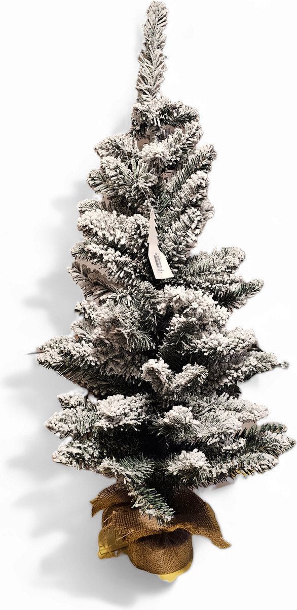 Kerstboom - kunstboom - met sneeuw - 90 cm - met verzwaarde voet met jute
