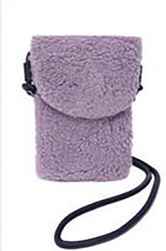 Crossbody telefoontasje van trendy teddy borg stof kleur lila