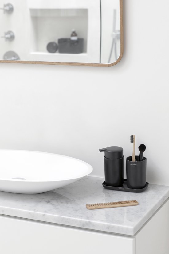 Brabantia ReNew ensemble d'accessoires pour la salle de bains, set de 3 - distributeur de savon, porte brosse à dents et plateau - Dark Grey