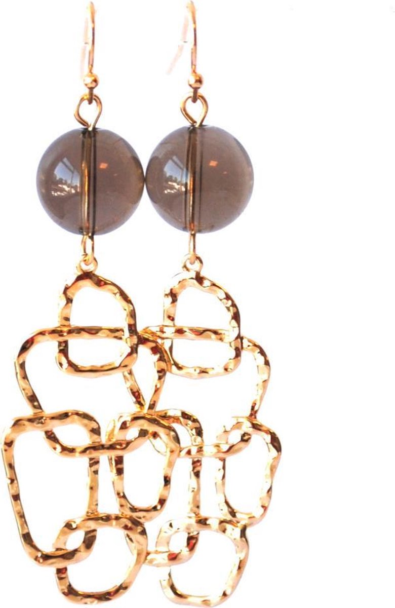 Oorbellen met rookkwarts en goldplated hanger, lengte 6,5 cm