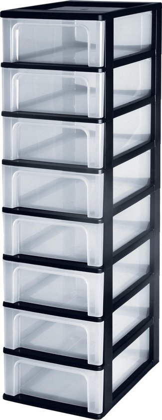 Een zwart ladesysteem met 8 transparante lades, op een witte achtergrond.