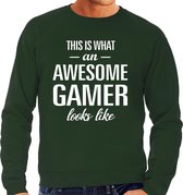 Awesome / geweldige gamer cadeau sweater groen heren L